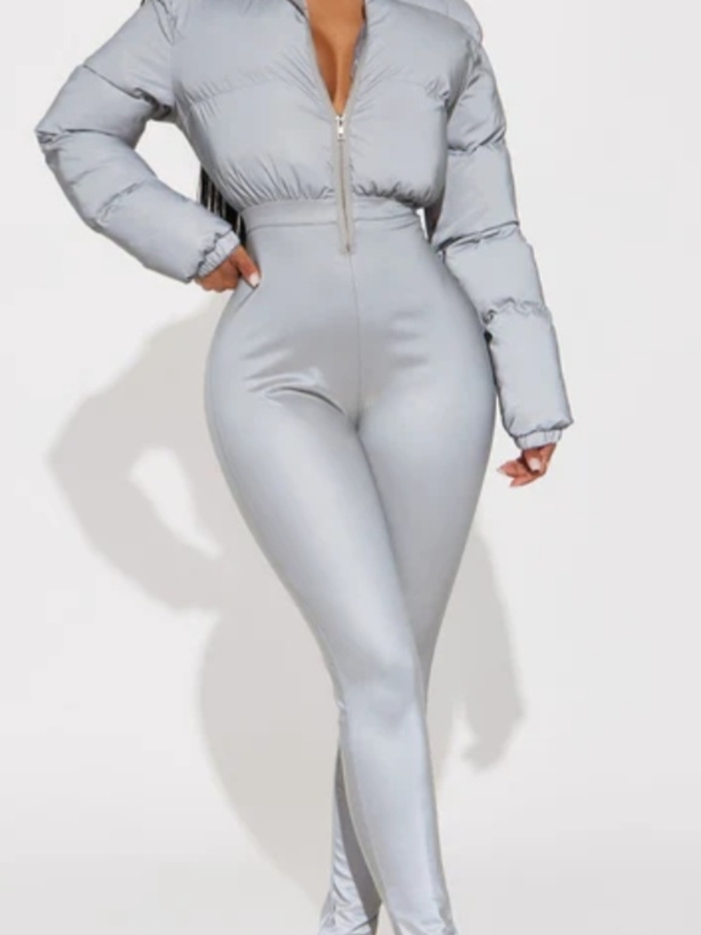 Fashion Nova Silver Quilted Crop Puffer Jumpsuit